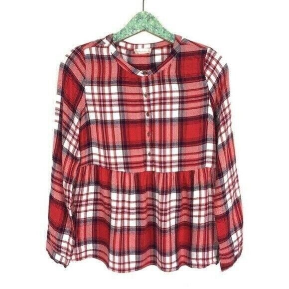 Altar’d State Red Plaid Button Front Peplum Flannel Shirt Long Sleeve Boho Small - Picture 1 of 6